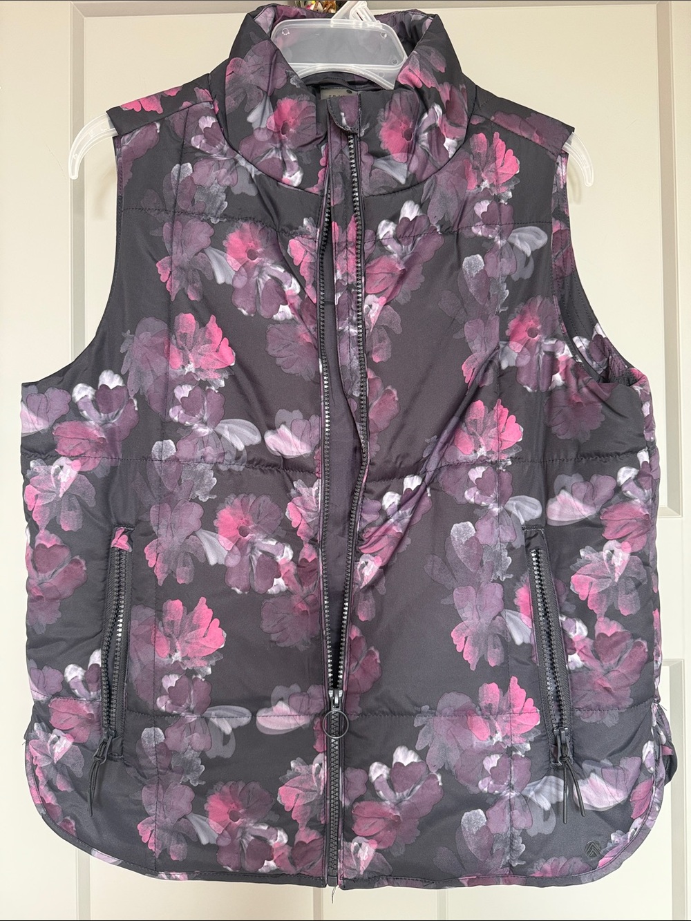 Floral Quilted Puffer Vest - Dark Gray with Pink Floral